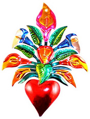 TIN PAINTED MILAGRO HEART WITH CALALILIES 5" x 7"