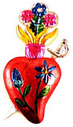 TIN PAINTED MILAGRO HEART WITH SWORD 3" x 5"